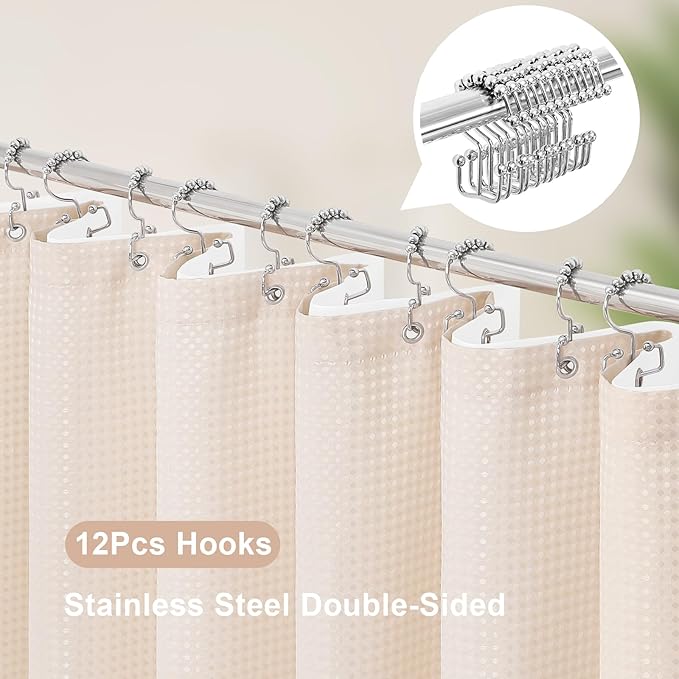 3 in 1 Shower Curtain Set, Blush Pink Waffle Shower Curtain and PEVA Liner Set with 12 Stainless Steel Shower Curtain Hooks, Waterproof Shower Curtains for Bathroom, 72 W x 72 H