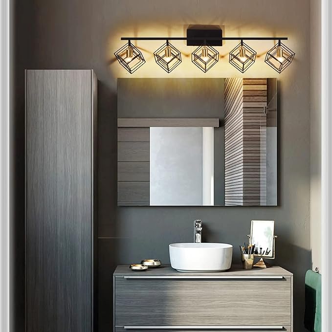 Bathroom Vanity Light with 5 Bulbs Bathroom Light Fixtures Over Mirror with Rotatable 5 Cube Shades Modern Wall Mounted Matte Black
