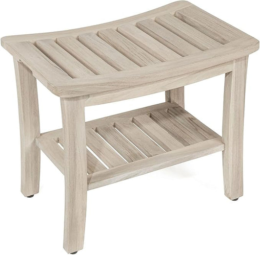 TeakCraft Patented Gray Teak Shower Bench with Shelf 21 Inch for Bathroom, Spa - Fully Assembled, Shower Stool, Rustic Gray Finish, The Lavici