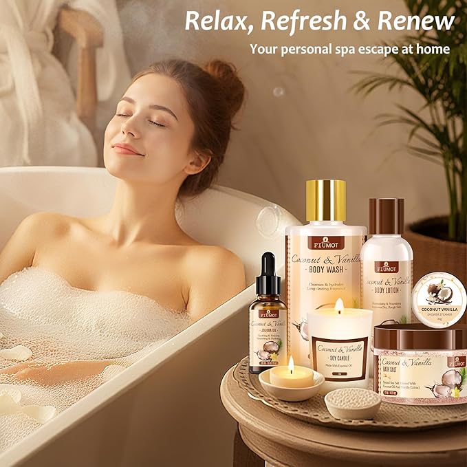 Bath and Body Gift Basket Set for Women - Coconut Vanilla Spa Gift Basket - Premium 21‑Piece Luxury Bath & Body Gift Set for Self Care - Gift ready for Mothers Day, Christmas, Birthday Gifts