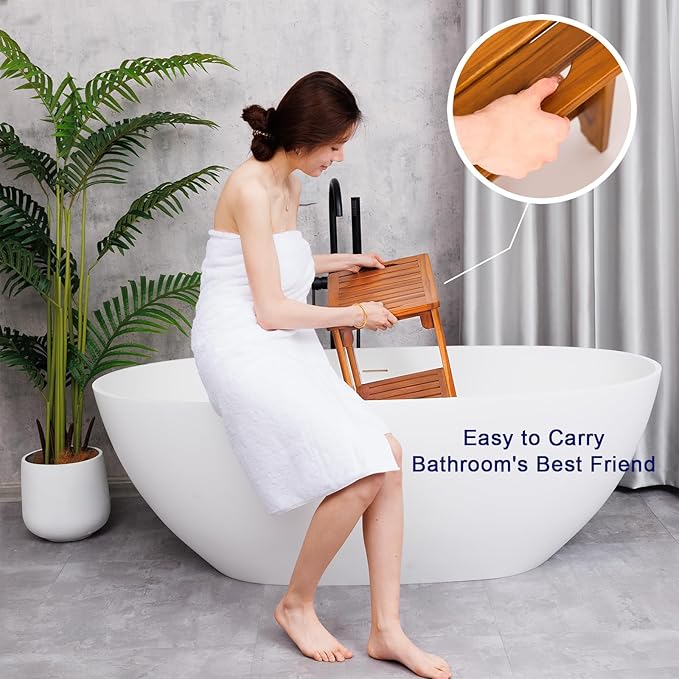 21" Standard Teak Shower Bench with Shelf & Handle - Waterproof, Non-Slip Bath Stool, 300 lbs Capacity - Fits Standard Tubs/Showers & Outdoor Use (Patented)