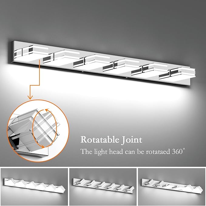 Ralbay Chrome Bathroom Vanity Light Fixtures 48inch 6-Light Acrylic Chrome Modern LED Bathroom Wall Vanity Lighting Fixtures Over Mirror