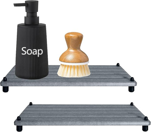 2 PCS Water Absorbing Stone Trays for Bathroom Counter, Fast-Drying Faucet Mat for Kitchen Sink, Diatomite Sink Caddy, Hand Soap Holder with Anti-Skid Feet(11" x 4.7" Gray)