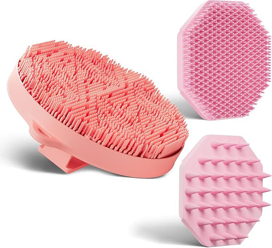 3 Soft Silicone Skin Scrubbers - Body Scrubber Exfoliating Brush Bath Shower Tool, with Gentle Manual Face Cleansing Wash Scrubber, with Hair Scalp Massager Shampoo Brush (Pink)