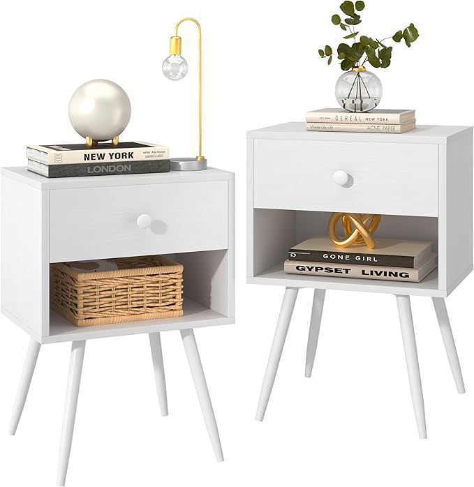VECELO Nightstands Set of 2, Mid Century Modern End Bedside Table, Night Stand with Storage Drawer and 2 Tiers Open Shelf for Small Place, Bedroom, Living Room, Easy Assembly, Pure White