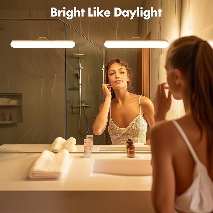 Set of 2 Wireless Vanity Makeup Lights for Mirror, Rechargeable LED Stick On Light Bar for Bathroom Mirror with Dimmable 3 CCT, Long Battery Life Cordless Light for Vanity Desk(Light Brown)