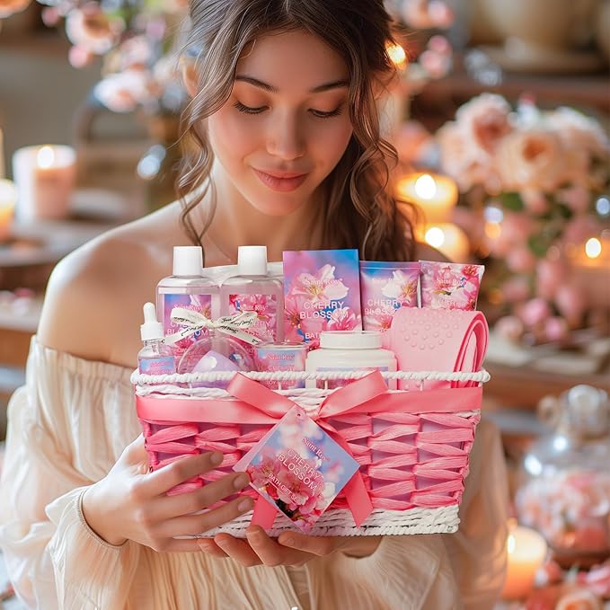Bath & Body Gift Set, Luxury Home Spa Bath Gift Basket, Cherry Blossom spa kit for women,bath basket Christmas Gifts for Women & Teens, 12 Pcs Bath Spa Kit for women Body Kit Birthday Gift Christmas