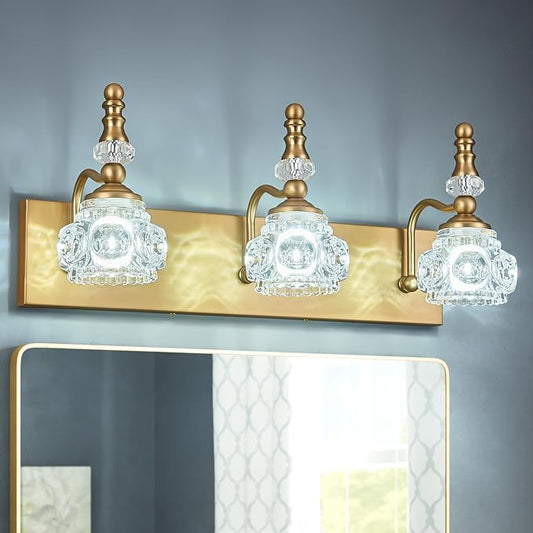 Modern Glass Crystal Vanity Light - Vintage Bathroom Lighting Fixtures Over Mirror, 3 Light Vanity Lights G9 Bulb (19.68 Inch,Brass)