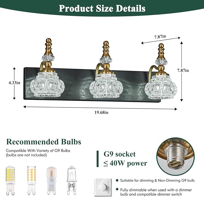 Bathroom Light Fixtures, Modern Glass Crystal Vanity Light Vintage Bathroom Lighting Fixtures Over Mirror 3 Light Vanity Lights G9 Bulb (19.68 Inch, Black Gold)