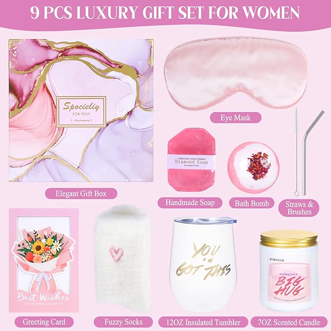 Birthday Gift for Women, XUXTRDX Set of 9 Get Well Soon Gift Baskets Spa Gifts Personalized Gift Basket for Her Mom Sister Friend Wife Girlfriend Coworker