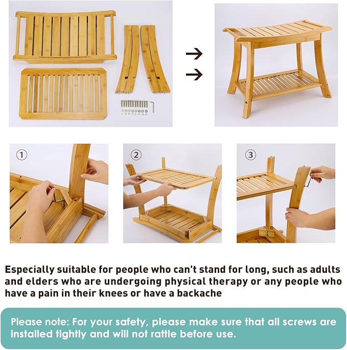 VVW Bamboo Shower Bench & Stool with Storage Shelf, Bath Benches for Inside Shower, Bathroom Stools 2-Tier Spa Seat for Adults Elderly (Beige)