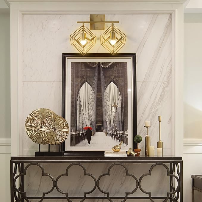 Bathroom Vanity Light with 2 Bulbs Bathroom Light Fixtures Over Mirror with Rotatable 2 Cube Shades Modern Wall Mounted Brushed Brass