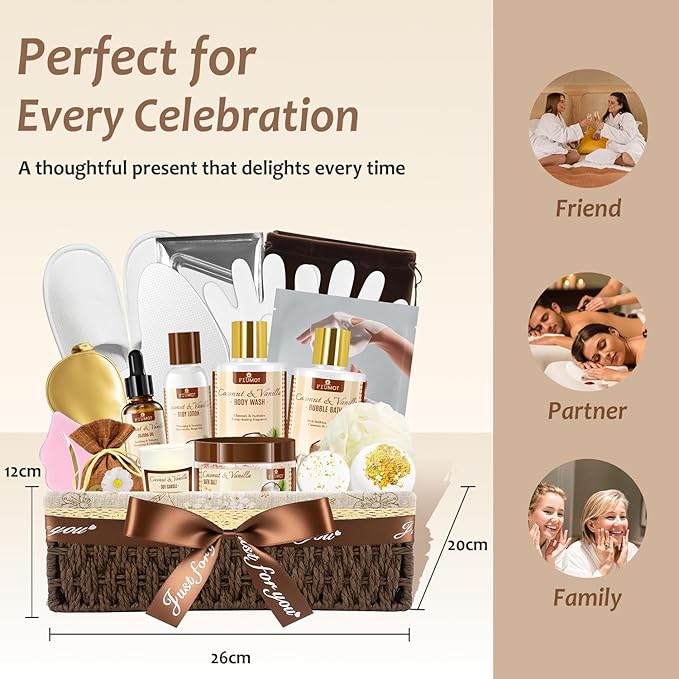 Bath and Body Gift Basket Set for Women - Coconut Vanilla Spa Gift Basket - Premium 21‑Piece Luxury Bath & Body Gift Set for Self Care - Gift ready for Mothers Day, Christmas, Birthday Gifts