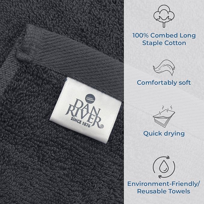 DAN RIVER Bath Towels Set of 4, 27 x 54 Inches, 100% Cotton, Larger & Lighter Weight, Quicker to Dry, Super Soft and Absorbent, Ideal Cotton Bath Towels for Daily Use, Dark Gray