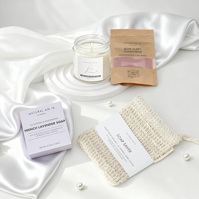 Natural Amor 8-Piece Spa Gift Set with Blanket – Self-Care Box with Rose Clay Mask, Bath Bomb, Goat Milk Soap, Candle– Relaxation Gift for Women – Pink Ribbon Blanket