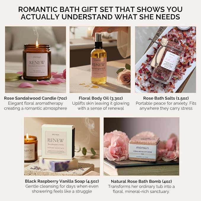 Anniversary Gifts for Women | Romantic Home Spa Kit for Women with Rose Candle, Bath Bomb, Bath Salts, Soap & Body Oil. Birthday Gifts for Wife, Girlfriend Gifts, Long Distance Relationship Gifts.