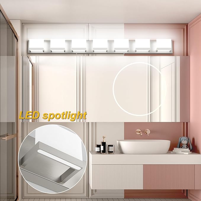 Tipace 7 Lights LED Modern Vanity Light Brushed Nickel Bathroom Lighting Fixture Up and Down Bathroom Wall Light Over Mirror(White Light 6000K)