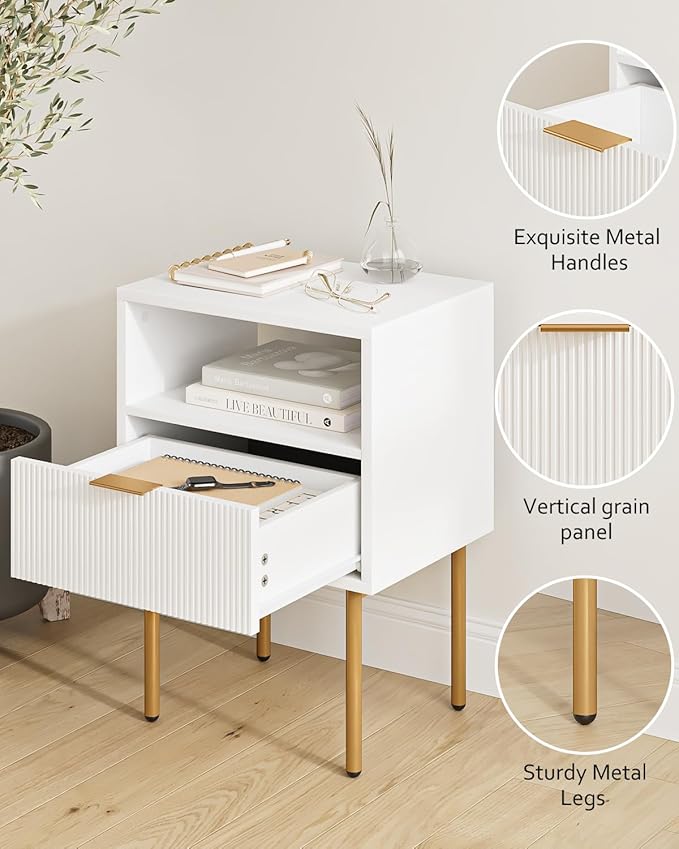 Masupu Nightstand,Mid-Century Modern Bedside Table with Storage Drawer and Open Wood Shelf,Small Gold Frame Side Table for Bedroom,Living Room,White