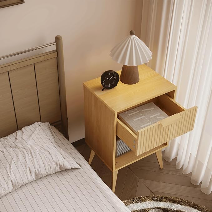 Fluted Night Stand with Opening Storage,Mid Century Bedside Table with Drawer,Wood Nightstand with Solid Wood Legs,End Table Side Table for Living Room,Bedroom,Natural CTG56Y