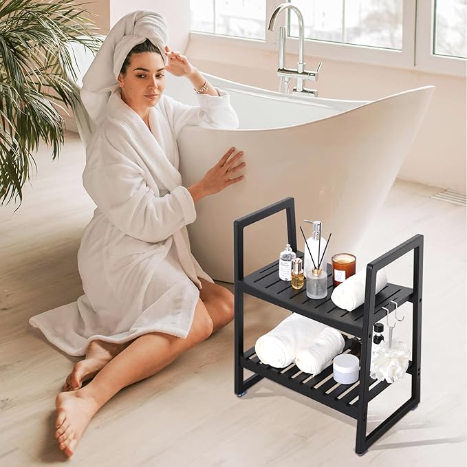VVW 21.6 Inch Bamboo Shower Bench Seat Chair Stool with Arms for Inside Shower, Heavy Duty Spa Bath Chair with 2 Movable Hooks, Non-Slip Feet for Bathroom Accessories (Black)