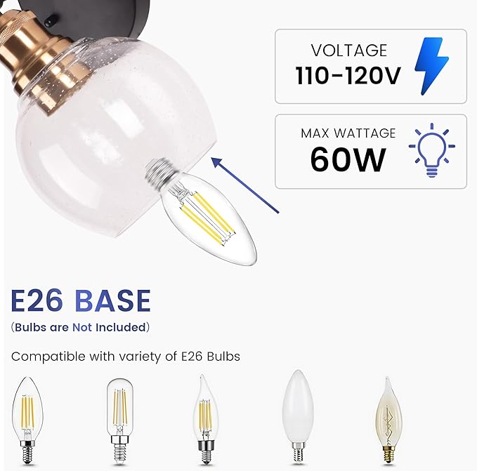 Modern Wall Light Fixtures, 4-Lights Vanity Lights, Black and Gold Bathroom Wall Sconce Over Mirror Vanity Lights with Clear Seeded Glass Lampshade for Bedroom Living Room Dressing Table