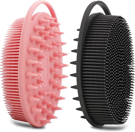 2 Pack Silicone Body Scrubber, Loofah Double-Sided Body Brush,Shower Scrubber and Scalp Massager Shampoo Brush for Sensitive Kids Women Men All Kinds of Skin (Black & Pink)