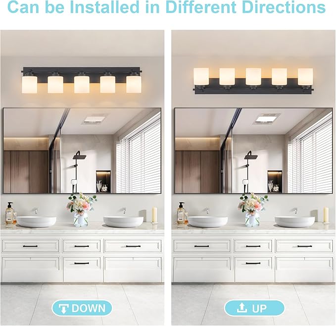 5 Light Modern Bathroom Light Fixtures Over Mirror, Black Vanity Lights for Bathroom Wall Sconces with Milky White Glass Shades, E26 Socket (Bulbs Not Included)