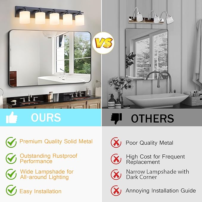 5 Light Modern Bathroom Light Fixtures Over Mirror, Black Vanity Lights for Bathroom Wall Sconces with Milky White Glass Shades, E26 Socket (Bulbs Not Included)
