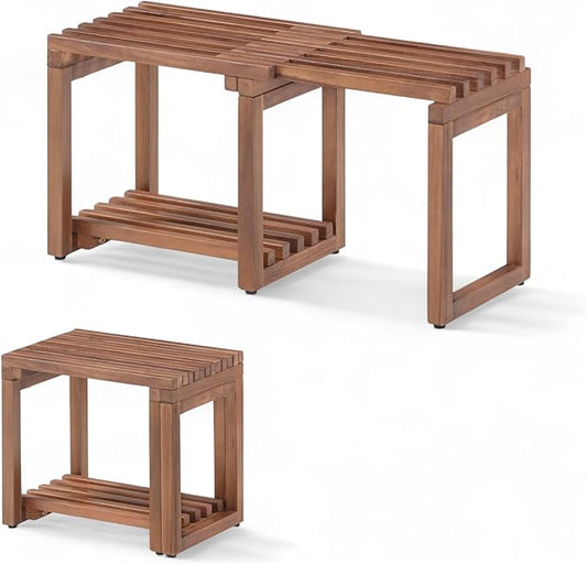 Tranquillo 29 Inch Teak Shower Bench Chair – Waterproof Shower Bench - Adjustable Length 29 Inches Shower Stool Bench Chair Waterproof with Storage Shelf, Teak