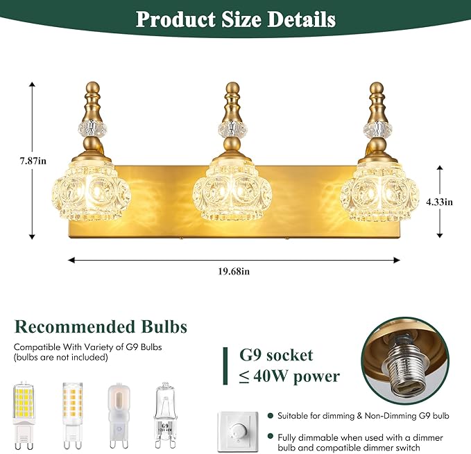 Modern Glass Crystal Vanity Light - Vintage Bathroom Lighting Fixtures Over Mirror, 3 Light Vanity Lights G9 Bulb (19.68 Inch,Brass)