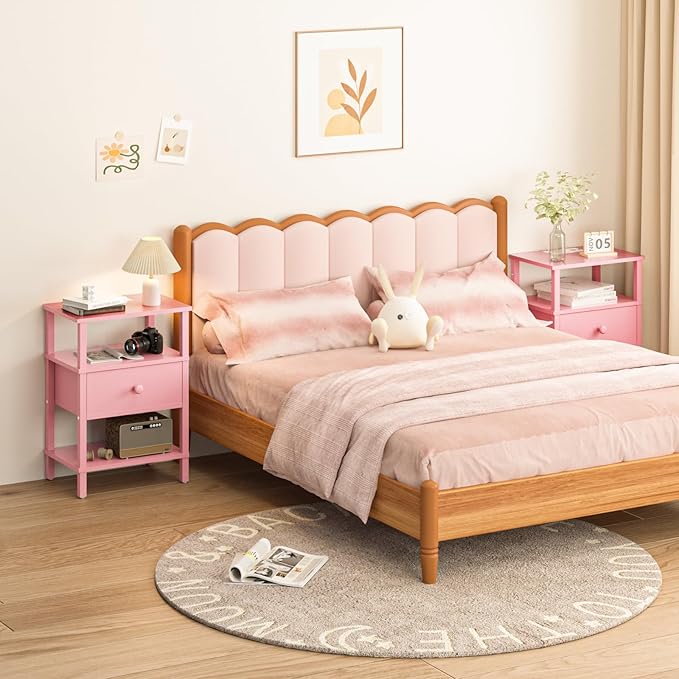 Lerliuo Nightstand with Charging Station and USB Ports, 3-Tier Storage Pink End Table with Drawer Shelf, Night Stand for Small Spaces, Wood Bedside Table for Living Room, Bedroom - ‌Light Pink