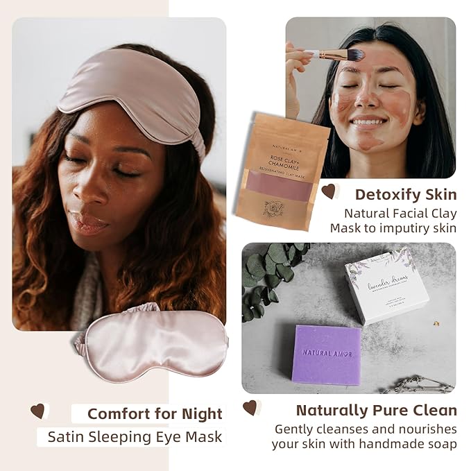 Natural Amor Handmade Bath Body Gift Set,6 pcs Self Care Gift for Women,Includes Soap Bar, Bath Bomb, Clay Mask, Candle- Thank you Gift for Pampering