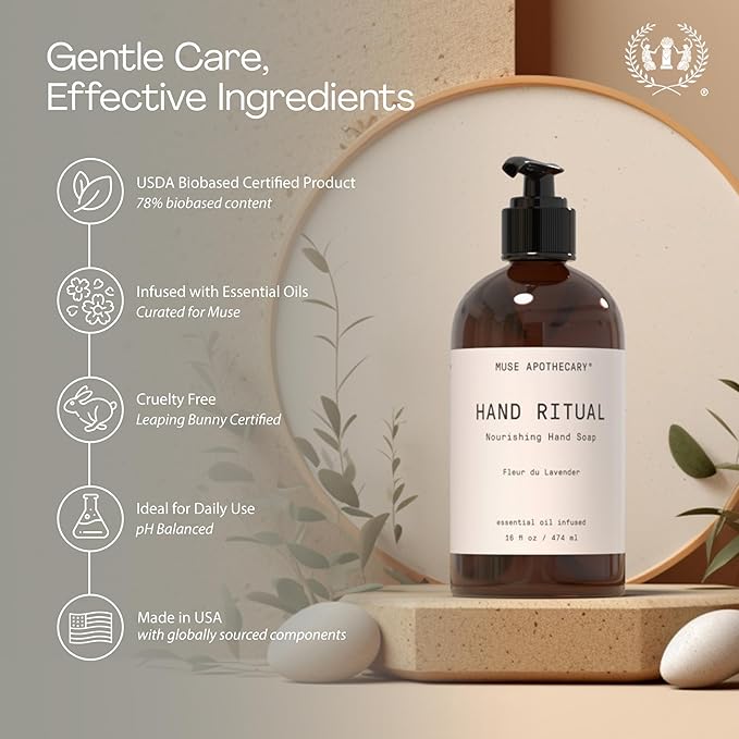 Muse Apothecary Hand Ritual - Aromatic and Nourishing Hand Soap, Infused with Aromatherapy Essential Oils - USDA Certified Biobased - 16 oz, Tonka Bean + Amber + Warm Cedarwood
