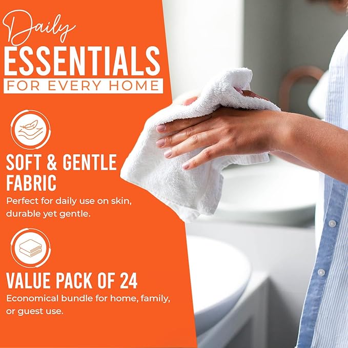 DAN RIVER 24 Pack Wash Cloths for Showering [12x12] - 100% Cotton Washcloths Premium Quality Flannel Face Cloths for Bathroom, Highly Absorbent and Soft Feel Wash Clothes, Orange
