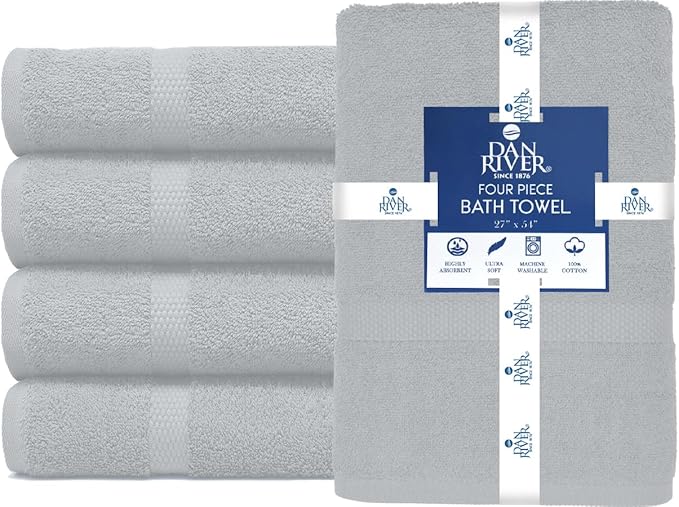 DAN RIVER Bath Towels Set of 4, 27 x 54 Inches, 100% Cotton, Larger & Lighter Weight, Quicker to Dry, Super Soft and Absorbent, Ideal Thick Towels for Daily Use, Silver