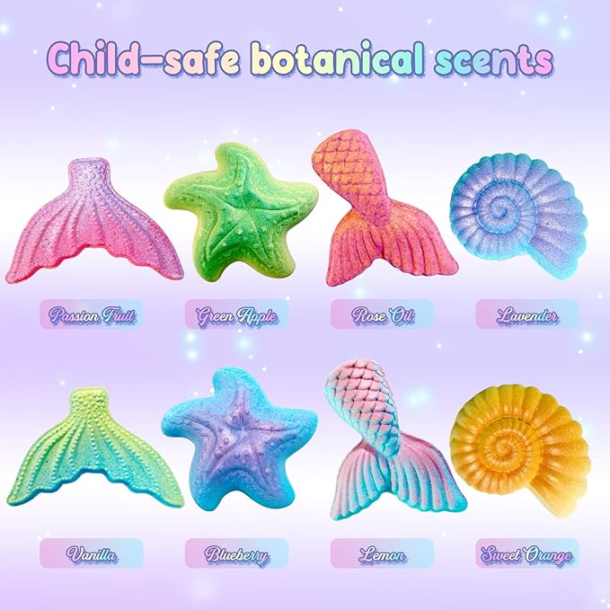 Skin-Safe Mermaid Bath Bombs for Kids with Surprise Toys Inside, 9 Extra Large Bath Salts with Calming and Long-Lasting Scent, Natural Bubble Bath Bombs for Girls Sensitive Skin