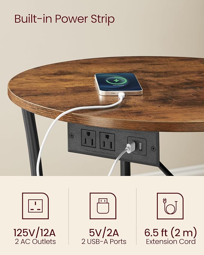 VASAGLE Side Table, 2-Tier Round End Table with Power Outlets, Nightstand with Steel Frame for Small Spaces, Living Room, Bedroom, Rustic Brown and Ink Black ULET077K01