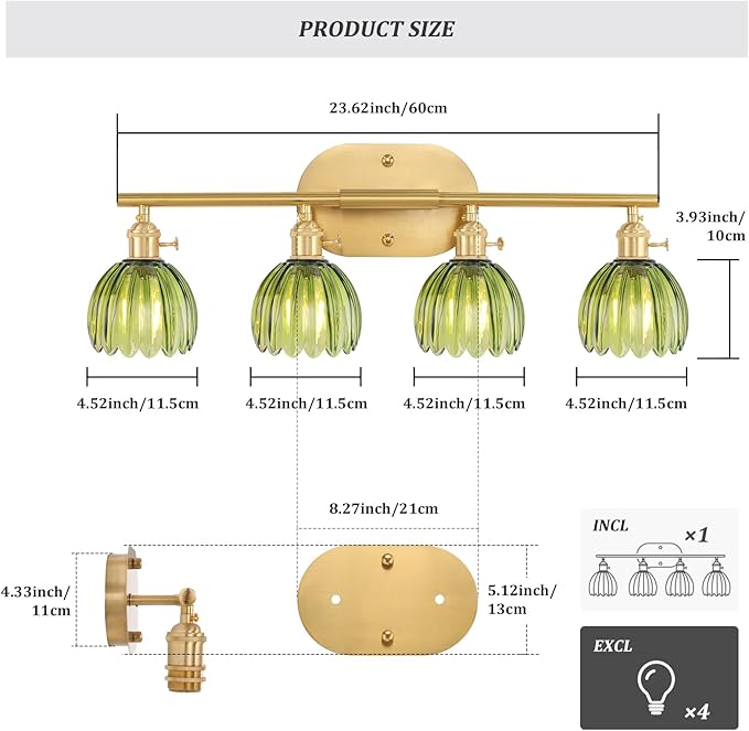 Bathroom Light Fixtures, 4-Light Brass Vanity Wall Light Over Mirror with Green Tulip Glass Shade for Bedroom Living Room (Bulb Not Included)