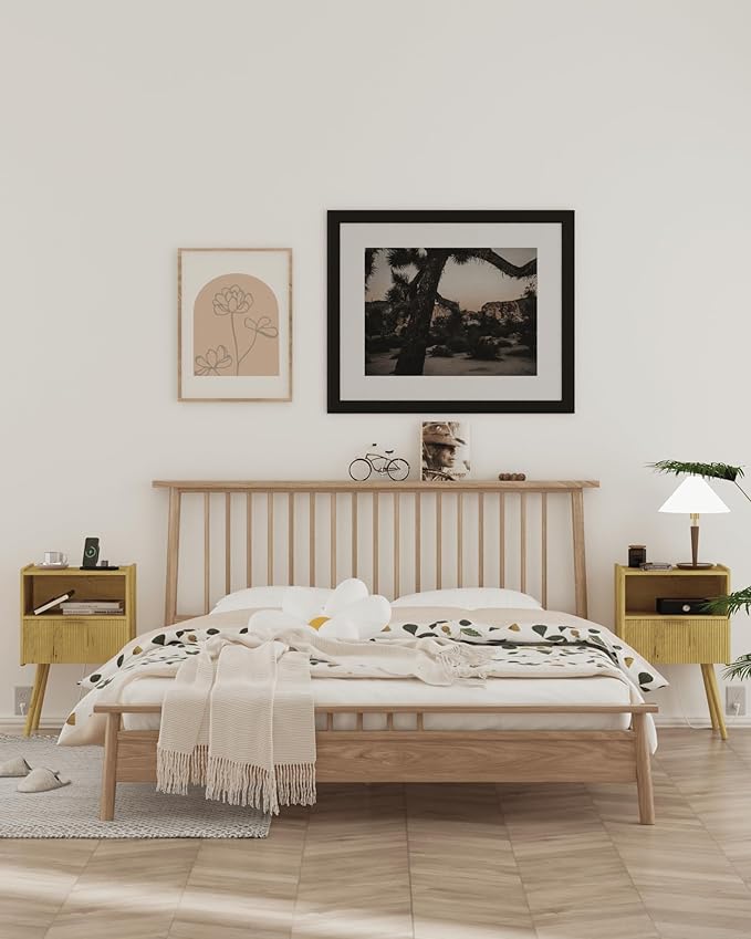 Nightstand,Modern Bedside Table with Storage Drawer and Open Wood Shelf, Accent Night Stand with Solid Wood Legs for Living Room, Bedroom and Small Spaces,Easy Assembly (Yellow Oak-Outlet)