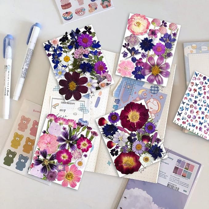 150PCS Purple Dried Pressed Flowers with Butterfly Stickers - YouthBro Real Nature Flowers Set for Resin DIY Jewelry Candle Soap Vase Making Nail Card Scrapbook Art Craft Floral Decors