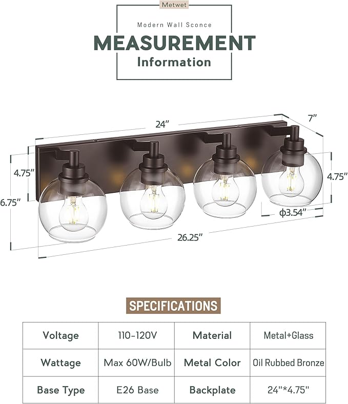 Bathroom Light Fixtures Over Mirror, 4-Light Oil Rubbed Bronze Bathroom Vanity Light with Globe Clear Glass Shade, 26 Inch Modern Sconces Wall Lighting, VL195-ORB-4