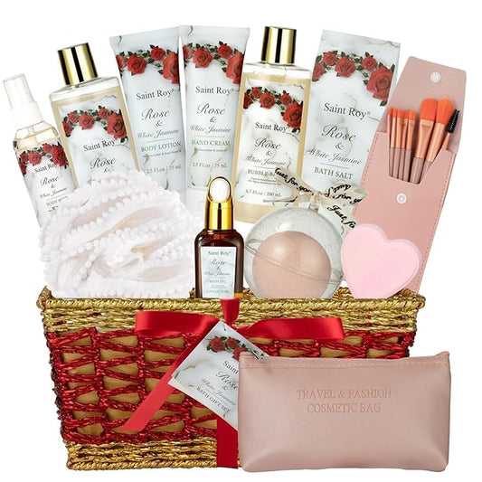 Christmas Gifts for Women - 21-Piece Luxury Rose & Jasmine Spa Gift Basket Set Bath and Body Gift Sets Care Kit with Make up sponge | Valentine's Day, Mothers Day Gifts Baskets for Mom, Wife