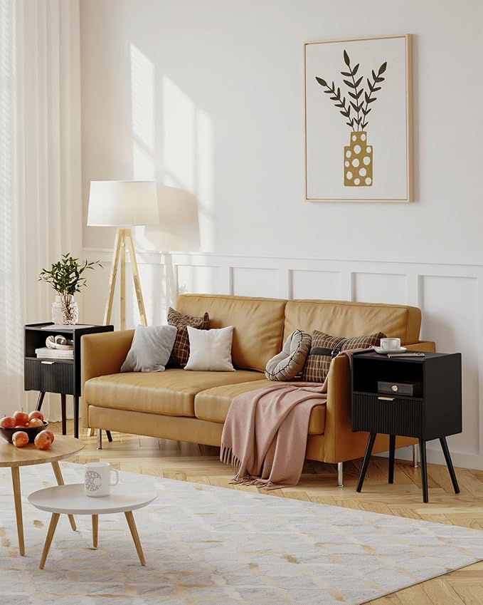 Black Nightstand,Modern Bedside Table with Storage Drawer and Open Wood Shelf, for Living Room, Bedroom and Small Spaces, Accent Night Stand with Solid Wood Legs, Easy Assembly,Classic Black