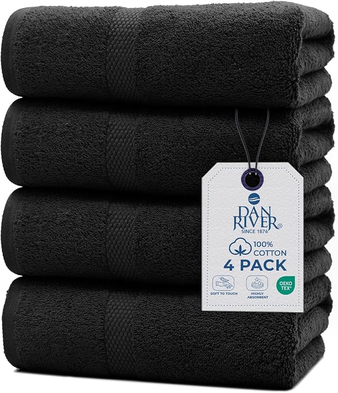 DAN RIVER Bath Towels Set of 4, 27 x 54 Inches, 100% Cotton, Larger & Lighter Weight, Quicker to Dry, Super Soft and Absorbent, Ideal Black Bath Towels for Daily Use