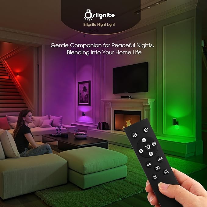 Briignite Night Lights Plug into Wall, 2 Pack 11-Color Changing Night Light with 1 Remote Control, 3000K+6000K+RGB LED Nightlight for Kids with Light Sensor, 0-100 LM Adjustable for Bedroom, Stairway