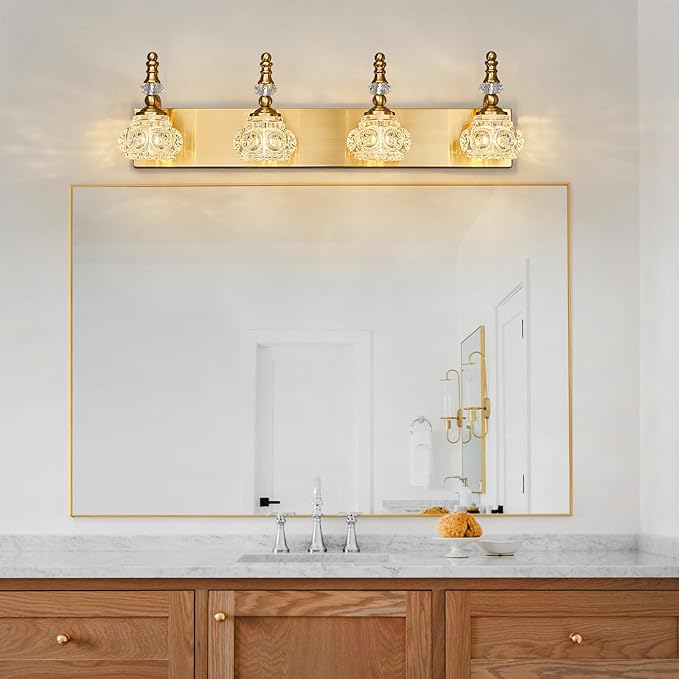 Modern Glass Crystal Vanity Light - Vintage Bathroom Lighting Fixtures Over Mirror, 4 Light Vanity Lights G9 Bulb (27.55 Inch, Gold)