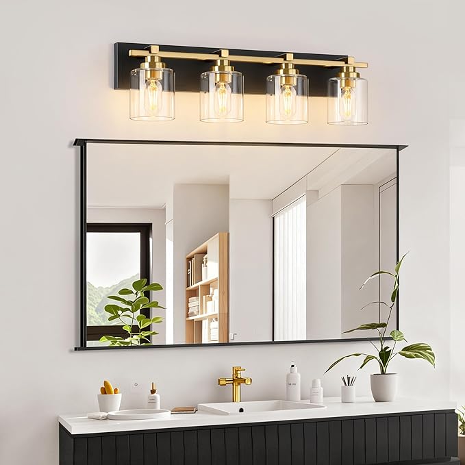 4 Light Modern Bathroom Light Fixtures Over Mirror, Black Gold Vanity Lights for Bathroom Wall Sconces with Clear Glass Shades, E26 Socket (Bulbs Not Included)