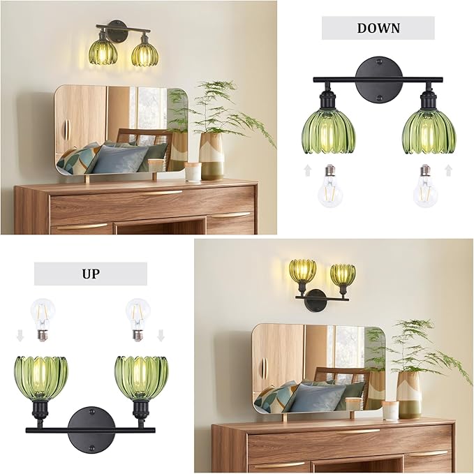 Bathroom Light Fixtures, 2-Light Black Vanity Wall Light Over Mirror with Green Tulip Glass Shade for Bedroom Living Room (Bulb Not Included)