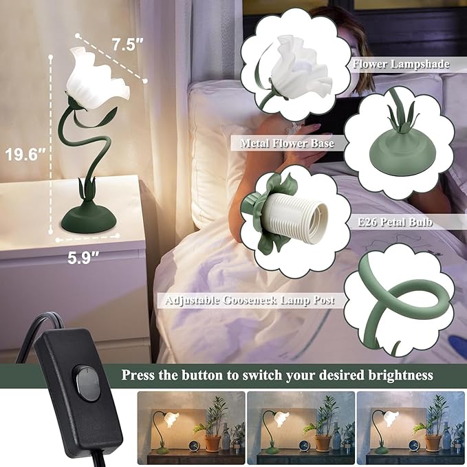 2Pack Flower Table Lamp, 3 Level Brightness Vintage Flower Reading Light with E26 Bulb, Cute Desk Lamp Bedside Lamps Lily Lamps for Nightstands Living Room Bedroom Ambient Lighting Home Decor