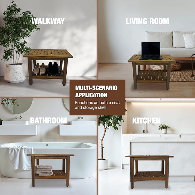 24 inch Acacia Wood Shower Bench with Storage Shelf - Waterproof Sturdy Shower Stool - Shower Seats for Adults and Elderly - Bathroom Bench 350 lb Capacity